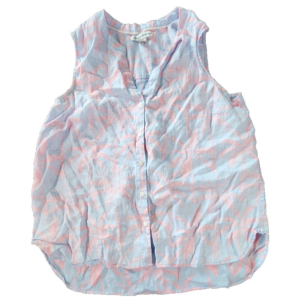 Tommy Bahama Womens Blue Pink Palm Print Sleeveless Linen‎ Blend Top Large